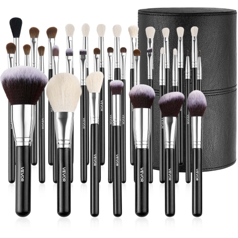 VEVOR Make-upkwastenset, 34 stuks, Professionele make-upkwastenset voor foundation, oogschaduw, concealer, blush, met zachte haren, ergonomische houten handgreep, opbergkoffer voor op reis