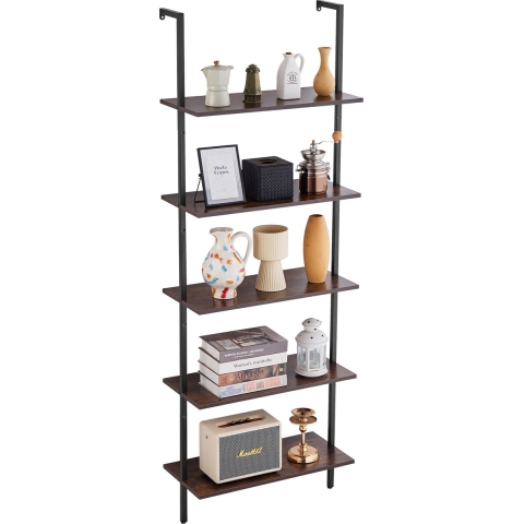 VEVOR Ladderplank met metalen frame, 5 niveaus, wandgemonteerde boekenplank, 64x30 cm, zwevende houten planken, opbergrek, houder voor kleine spullen voor keuken, slaapkamer, badkamer, woonkamer, zwart