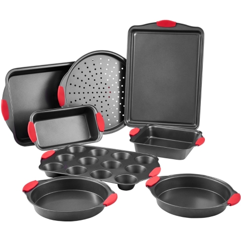 VEVOR Bakset 8-delige antiaanbaklaag van koolstofstaal, kookplaten en -schalen, baksets voor keukenovens met siliconen handgrepen, voor koekjes, cakes, muffins en brood