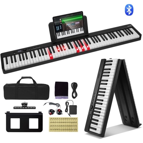 VEVOR 88-toetsen opvouwbare piano, Bluetooth en MIDI, draagbare elektronische digitale opvouwbare piano met sustainpedaal, tas, aanslaggevoelige toetsen, koptelefoon, oplaadbaar voor beginners, tieners en volwassenen, zwart