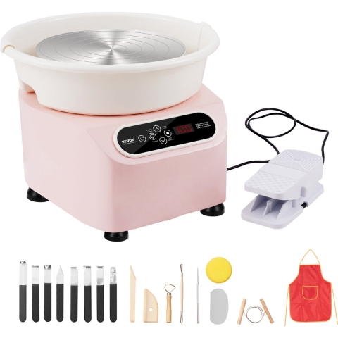 VEVOR Pottenbakkersschijf, 25 cm pottenbakkersvormmachine, 350 W elektrische pottenbakkersschijf met pedaal en LCD-touchscreen, keramische schijf met directe aandrijving en vormgereedschap voor doe-het-zelf-knutselwerkjes, roze