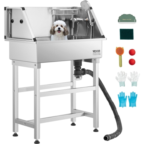 VEVOR RVS Hondenwasstation, 870x490x1225mm Hondenverzorgingsbak met kraan, douchekop, zeephouder en speelballen, Hondenbad voor meerdere huisdieren, Wasbak voor thuis