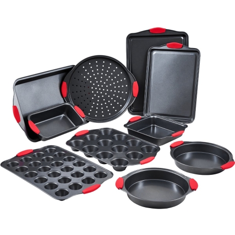 VEVOR Bakset 10-delige antiaanbaklaag van koolstofstaal, kookplaten en -schalen, ovenset met siliconen handgrepen, voor koekjes, cakes, muffins, brood, zwart