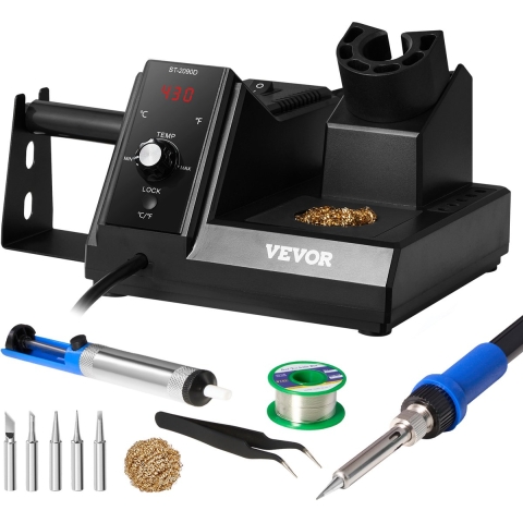 VEVOR Soldeerstation, 80W Soldeerset met Digitaal Display, 5 Soldeerpunten, Loodvrij Soldeer, Zuignap voor Soldeer, Pincet, Puntreiniger, Slaapstand, °C/°F Omrekening, Soldeerbout, Soldeerdraaddispenser
