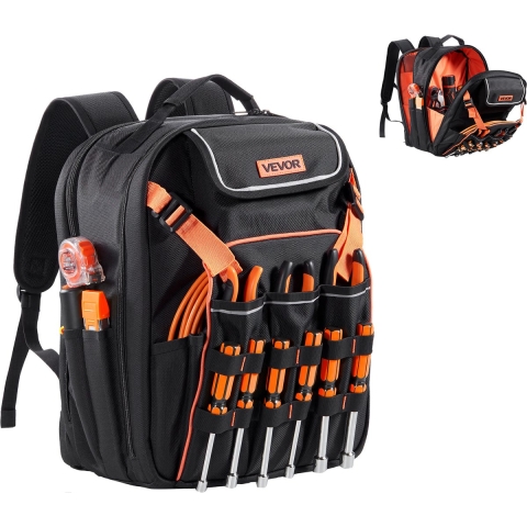 VEVOR Gereedschapsrugzak, 45 zakken, gereedschapsorganizer, rugzak met laptopvak en versterkte stoffen bodem, gereedschapstas, rugzak voor op de bouwplaats voor elektriciens en ambachtslieden