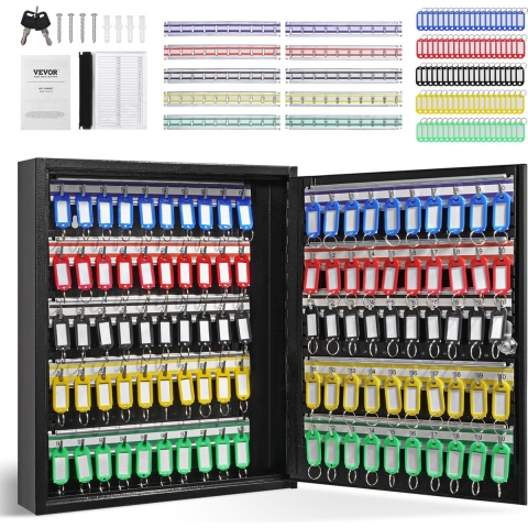 VEVOR Sleutelkast Sleutelkast 100 Sleutels, Zwarte Sleutelkast Sleutelkluis Verstelbare, Afsluitbare Sleutelkast met 10 Sleutelhouders, 2 Sleutels en 2 Indexkaarten