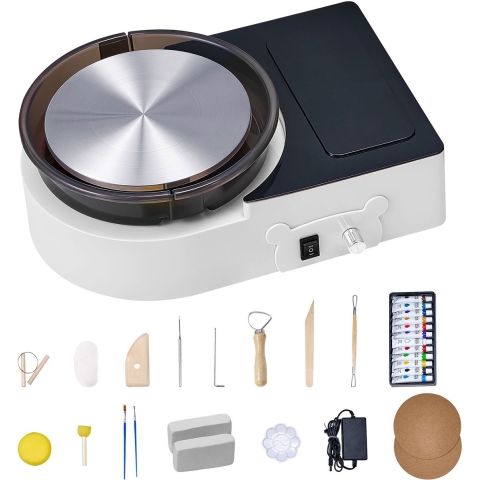 VEVOR Mini pottenbakkersschijfmachine 158 mm draaiplateau met instelbare rotatiesnelheid, elektrische kleischijf met kleivormgereedschap, geschikt voor doe-het-zelf pottenbakkerslessen, wit