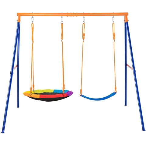 VEVOR Tuinschommelsets, draagvermogen 200 kg, met 1 plaatschommelzitje, 1 riemschommelzitje, stevige metalen A-frame schommelstandaard en verstelbaar touw, buitenschommelset voor kinderen