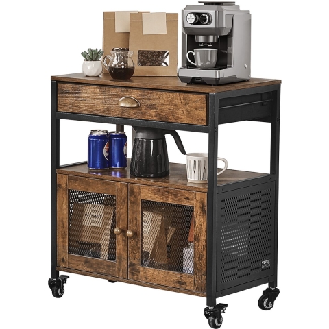 VEVOR Koffiebarkast 61 x 36 x 70,5 cm Koffiebarkast in landelijke stijl met 4-laags opbergruimte, verplaatsbare koffiebartafel met wielen en gaasdeur, buffetkast voor keukenentree