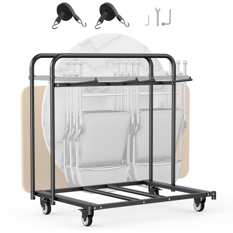 VEVOR Opvouwbare stoelenwagen, 180 kg, voor 5 tafels + 14 stoelen, stoelenopslagwagen met stoelhouder met zwenkwielen en vergrendelbare wielen, voor feesten en evenementen, hotels, matzwart