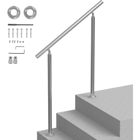 VEVOR Buitentrapleuningen, 100 cm lange trapleuningset, RVS overgangsleuning met montageset, dubbele kolom trapleuningen voor senioren, veranda en terras