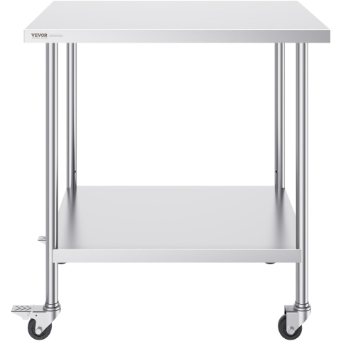 VEVOR RVS werktafel, keukentafel 762 x 914 x 954,6 mm, voorbereidingstafel, met 4 wielen, 3 verstelbare hoogteniveaus, werktafel voor voedselbereiding voor commerciële restaurants
