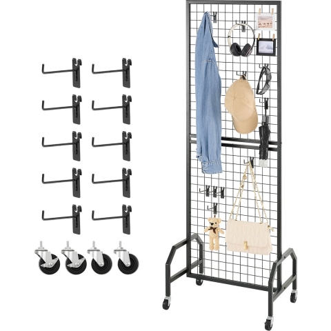 VEVOR Grid Wall Panels Grid Wall 60 x 164 cm 1 st. Oprolbare displaystandaard met 10 haken, displayplanken van koolstofstaal, kunsttentoonstellingsplank voor decoratieopslag, zwart
