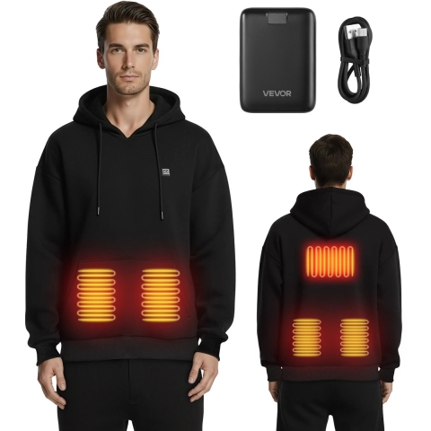 VEVOR Verwarmde Hoodie, Unisex, Verwarmde Pullover met 7,4V 16000mAh Oplaadbare Powerbank, 5 Verwarmingszones, 3 Temperatuurniveaus, 4-8 uur Warmte, voor Winterse Outdoor Camping, Zwart, M