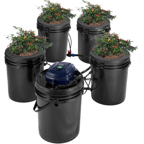 VEVOR RDWC Hydroponic Growing System, Hydroponic Grow Kit met Top Drip, Recirculerende Diepwatercultuur, 4 Gespen en 1 Reservoir, met Luchtpomp en Waterniveau-indicator voor Bladgroenten