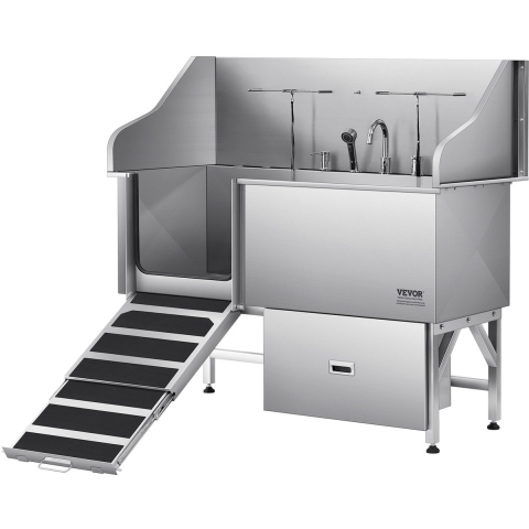 VEVOR Hondenwasstation van roestvrij staal, 1550x790x1470 mm, trimbad voor huisdieren met oprit, waterfilterplaat, kraan, douchekop en riem, voor grote, middelgrote en kleine huisdieren (linkerdeur)