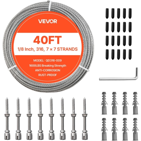 VEVOR roestvrijstalen staalkabel φ3,2 mm 12,2 m lengte, staalkabel gemaakt van roestvrij staal 316 met een breeksterkte van 7,1 kN, staaldraad 7x7 strengen, railingkabel voor terrasleuningen, tuinhekken.