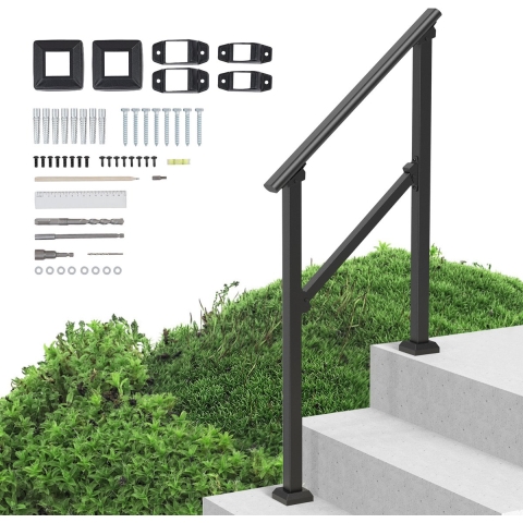 VEVOR Buitentrapleuningen, 2-3 treden trapleuningset, overgangsleuning van koolstofstaal met montageset, trapleuning voor senioren, betonnen treden, veranda en terras, zwarte vierkante buis
