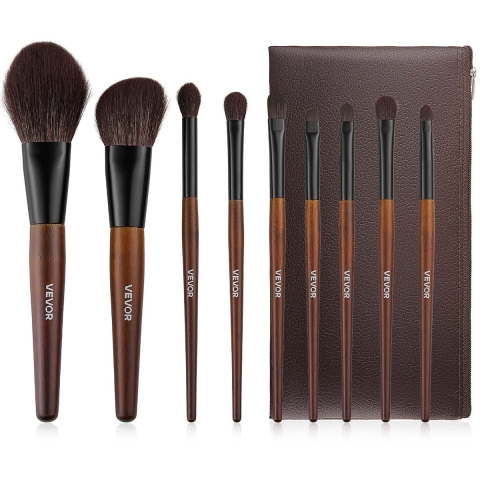 VEVOR Make-upkwastenset, 9-delige professionele make-upkwastenset voor foundation en oogschaduw, met synthetische haren, zachte natuurlijke wol, ergonomische houten handgreep, opbergtas voor op reis