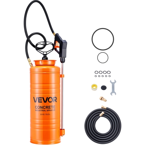 VEVOR Industriële drukspuit, 13,2L roestvrijstalen spuit, hoogwaardige pompspuit, lans met ergonomische pistoolgreep, slang, 2 messing sproeiers, ideaal voor de bouw en tuin