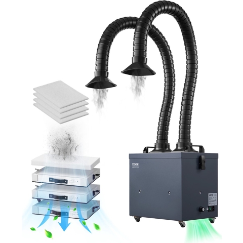VEVOR soldeerrookafzuiger met dubbele slangen, 275W lasrookafzuiger met 4-traps filters en 10 snelheden, 380 m³/u soldeerrookafzuiger voor solderen, lasergraveren en doe-het-zelf lassen