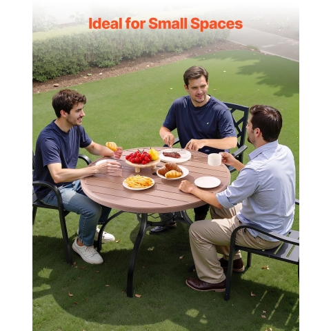 VEVOR Patiotafel Tuintafel Balkontafel (1035 x 720 mm) Gemaakt van koolstofstaal Ronde eettafel voor buiten Tuin Patio Tuin Veranda, Waterdicht, met parasolgat en houtnerf, Draagvermogen 68 kg