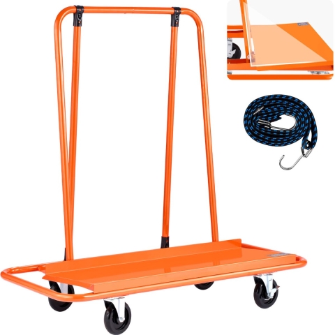 VEVOR Paneelwagen, draagvermogen 816 kg, transportwagen met 4 zwenkwielen, paneelwagen, paneelwagen met spanband, transporthulp voor multiplex, gipsplaat, glas, oranje, 1150 x 555 x 1180 mm