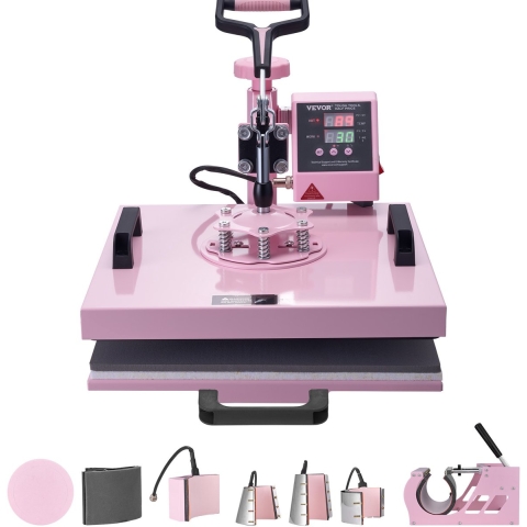 VEVOR Heat Press, 15 x 15 inch, 8-in-1 warmteoverdrachtsmachine met 6-30 oz Tumbler Press, 360° draaibare T-shirtpers, digitale precisieregeling, voor T-shirts/mokken/hoeden/borden, roze
