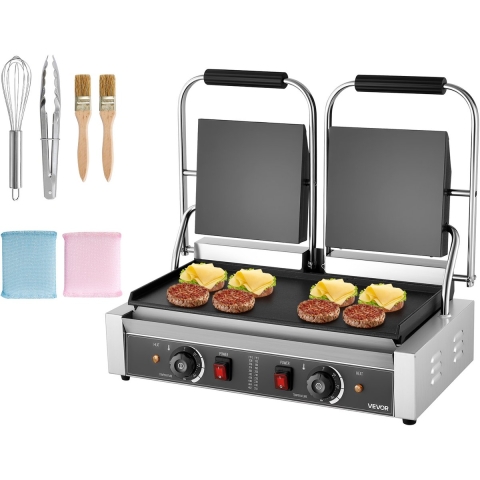 VEVOR Commerciële Panini-pers, 3600W elektrische grill van roestvrij staal, dubbele drukplaat, sandwichmaker met temperatuurregeling en vlakke geëmailleerde plaat, 485x230mm, voor hamburgers, biefstuk, enz.