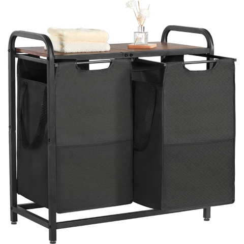 VEVOR Wasmand met houten tafelblad, wassorteerder met 2 uitschuifbare zakken (600D Oxford-stof) en metalen frame, wassorteersysteem voor vuile was Badkamer Zwart