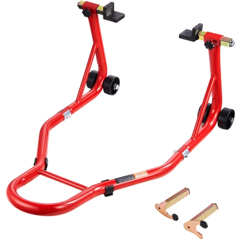 VEVOR Motorfiets achterwielstandaard (385 kg laadvermogen), robuuste motorfietsstandaard met U- en L-vork swingarm spoel, verstelbare motorfiets hefstandaard voor Suzuki Yamaha Honda Kawasaki, rood