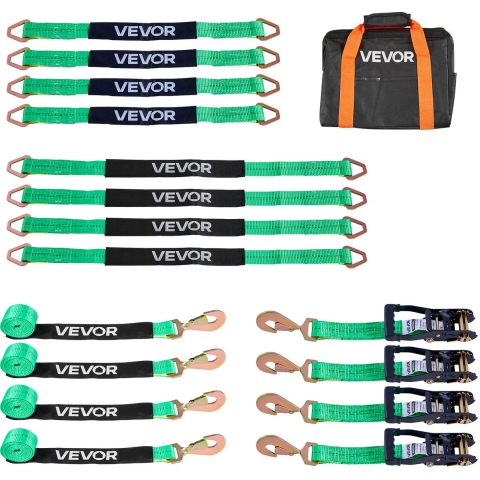 VEVOR Wielbevestigingsband (50,8 x 2438,4 mm) met veerhaken en een treksterkte van 4540 kg en een draagvermogen van 1512 kg, Motorfietsbevestigingssysteem Wielbevestigingsband Bandenband voor SUV's en aanhangwagens, Groen