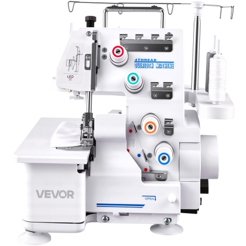 VEVOR Overlock naaimachine, 1250 steken per minuut, geschikt voor 3- en 4-draads naaien, met LED-verlichting en sterke zuignappen, robuuste naaimachine met metalen frame voor diverse stoffen, wit