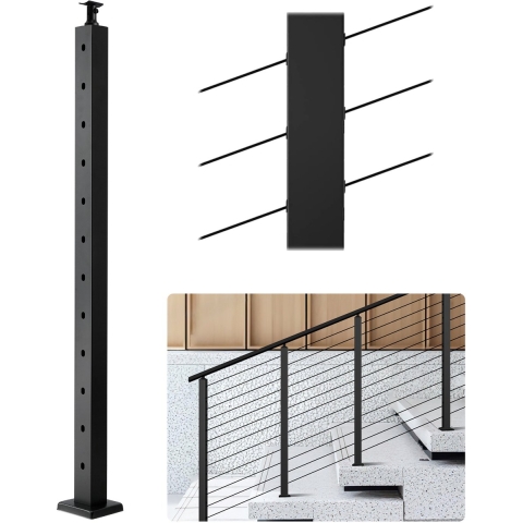 VEVOR kabelleuningpaal, 1067 x 50,8 x 50,8 mm, kabelleuningpaal voor trapleuningen met 30° voorgeboorde gaten, roestvrij staal SUS304, voor leuningen en balustrades, zwart, 1JZLGZXHS106W3XAA001V0