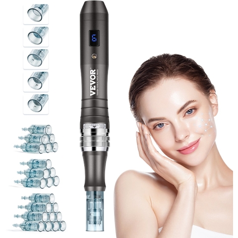 VEVOR Professionele Microneedling Pen, Elektrische Derma Pen met 22 wegwerppatronen, Dermapen Beauty-apparaat met 6 variabele snelheden, LCD-scherm en instelbare naaldlengte van 0-2,5 mm