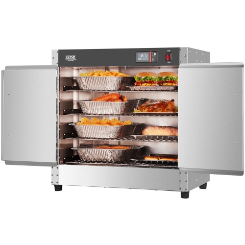 VEVOR Voedselverwarmer 4-laags snackverwarmer met waterbak, 4 pannen, dubbele deur en verstelbare planken, roestvrijstalen voedselverwarmerkast, ideaal voor het bewaren van pizza en kip