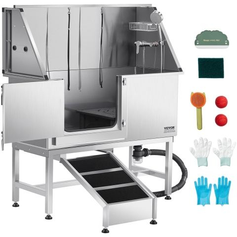 VEVOR Hondenwasstation van roestvrij staal, 1270 x 580 x 1495 mm, trimbad voor huisdieren met oprit, PE-waterfilterplaat, kraan, douchekop en zeephouder, voor grote, middelgrote en kleine huisdieren (linkerdeur)