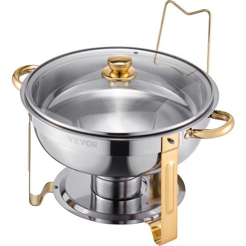 VEVOR Chafing Dish Buffet Food Warmer met 4 grote containers (4,7 L), ronde catering warmtedispenser met glazen deksel, waterpan en opvouwbare standaard, voor bruiloftsbuffet Goud