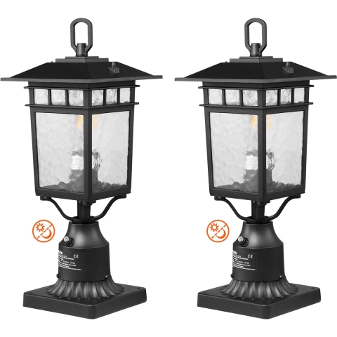 VEVOR 2-pack schemer-tot-zonsopgang buitenlantaarnpalen, 400 mm waterdichte lantaarnpaallampen met 3,5 inch glazen kap op zuilbevestiging, bliksembestendige buitenlantaarnpaal voor op terras en tuinpad