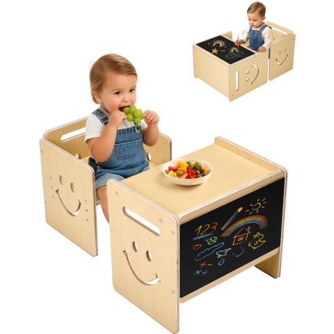 VEVOR Montessori tafel- en stoelset voor peuters (met schoolbord) van hout voor kinderen van 1 tot 5 jaar, in hoogte verstelbare kinderstoel, activiteitentafel, speeltafel, ideaal om te lezen, eten en spelen - natuurlijk