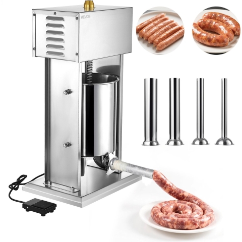 VEVOR Elektrische Worstvuller 10 L Worstvulmachine Vleesvuller met traploze snelheidsregeling en pedaal, Robuuste roestvrijstalen vuller met 4 worstvulbuizen, Vleesvulling