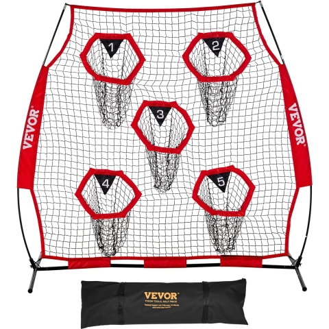 VEVOR Football Coach Throwing Net Practice Net (208 x 91 x 189 cm) met 5 doelvakken, draagbare opbergtas, banden en knooploos net, voor quarterback-passtraining, rood