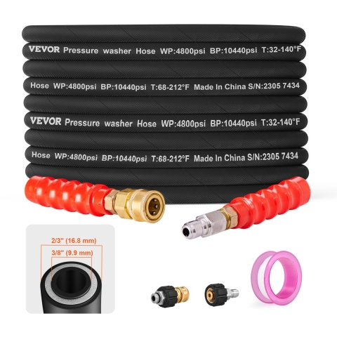 VEVOR afvoerontstoppingsslangset 3/8 inch-φ14,8 mannelijk 3/8 inch-φ15 vrouwelijk aansluiting afvoerontstoppingsset max. 330,95 bar rioolreiniger 124,5 mm buigradius hogedrukreiniger accessoires PVC Polyester