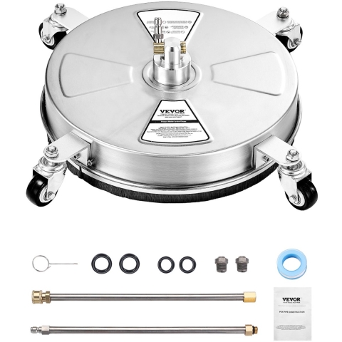 VEVOR 395 mm hogedrukreiniger, oppervlaktereiniger van roestvrij staal, hogedrukreiniger met 4 wielen, 276 bar, 6,35 mm snelkoppeling, 2 sproeikoppen, 2 verlengde staven voor beton, terras en dek