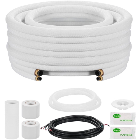 VEVOR koelmiddelleiding 7,62 m, koperen leiding 9,5 & 15,9 mm buitendiameter, PE-geïsoleerde spoel met wartelmoeren, uitgebreide fittingen, voor mini-split airconditioner, HVAC of warmtepompsysteem