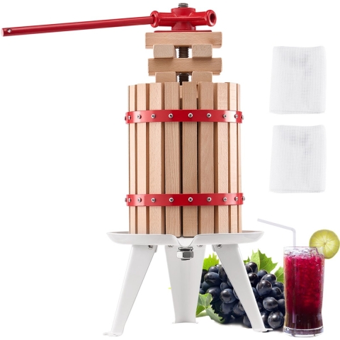 VEVOR Fruitwijnpers Fruitmolen (6 L) met massief houten mand met 8 blokken, robuuste handmatige sapcentrifuge, ciderpers, appelpers, druivenpers, olijfoliepers met handvat, sappers voor de keuken
