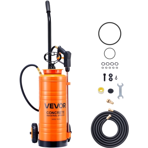 VEVOR-drukspuit, industriële betonspuit met rol, 13,2 liter roestvrijstalen spuit, robuuste pompspuit, inclusief slangen, 2 messing sproeikoppen, ideaal voor de bouw, gazon en tuin