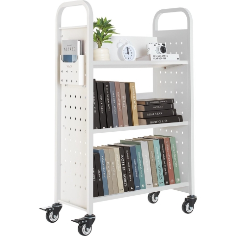 VEVOR Boekenwagen, draagvermogen 150 kg, Bibliotheekwagen, 77 x 38 x 122 cm, enkelzijdige V-vormige boekenplank met dubbele remwielen, voor woonkamer, kantoor, school, wit