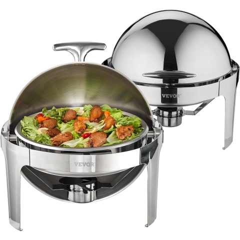 VEVOR 2-delige chafing dish set met roldeksel 5,5 L x 2, ronde chafing dish buffetset van roestvrij staal inclusief brandpastahouder en tang, voor restaurants, buffetten, scholen, enz.