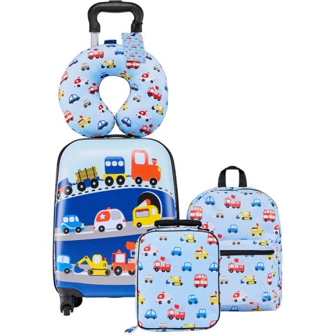 VEVOR 5-delige kofferset voor kinderen, 457,2 mm, harde koffer met trolley, rugzak, nekkussen, lunchbox en bagageaccessoires, bagageset voor jongens en meisjes, praktisch voor reizen, vliegen (auto).